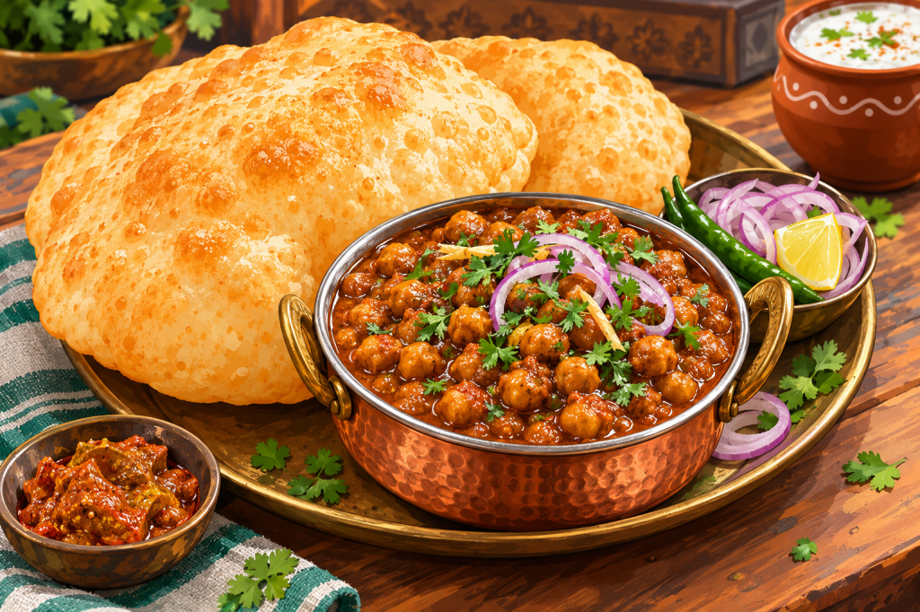 Illustrated Punjabi chole bhature with fluffy golden fried bread, spicy chickpea curry, fresh coriander, sliced onions, green chillies, and lemon.