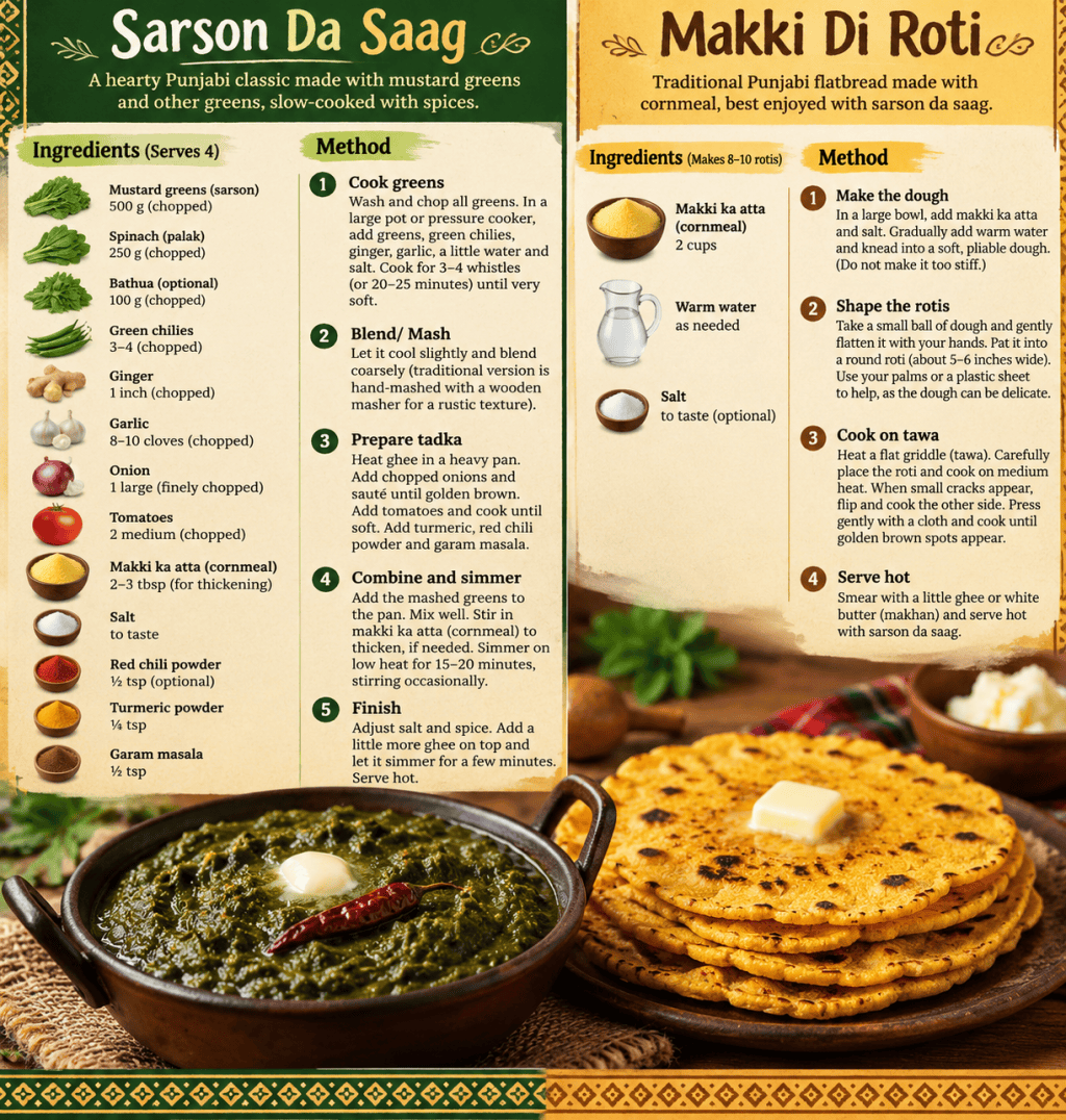 Discover how to make traditional Punjabi Sarson Da Saag and Makki Di Roti at home with this easy vegetarian recipe, complete with ingredients, step-by-step instructions and serving tips.